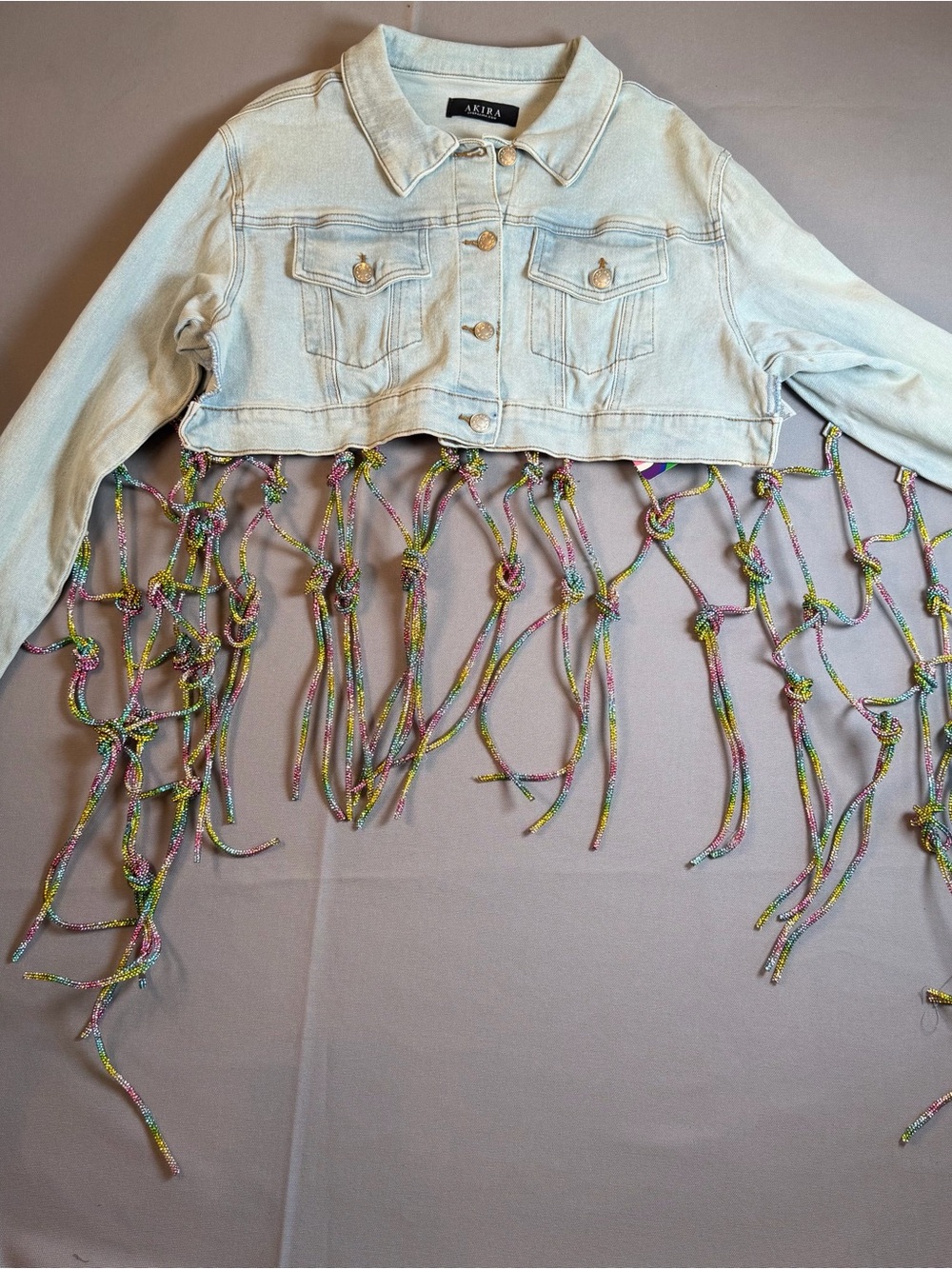 AKIRA szXS/S Light Blue Cropped Denim Jacket Multicolor Rhinestone Rope Fringe